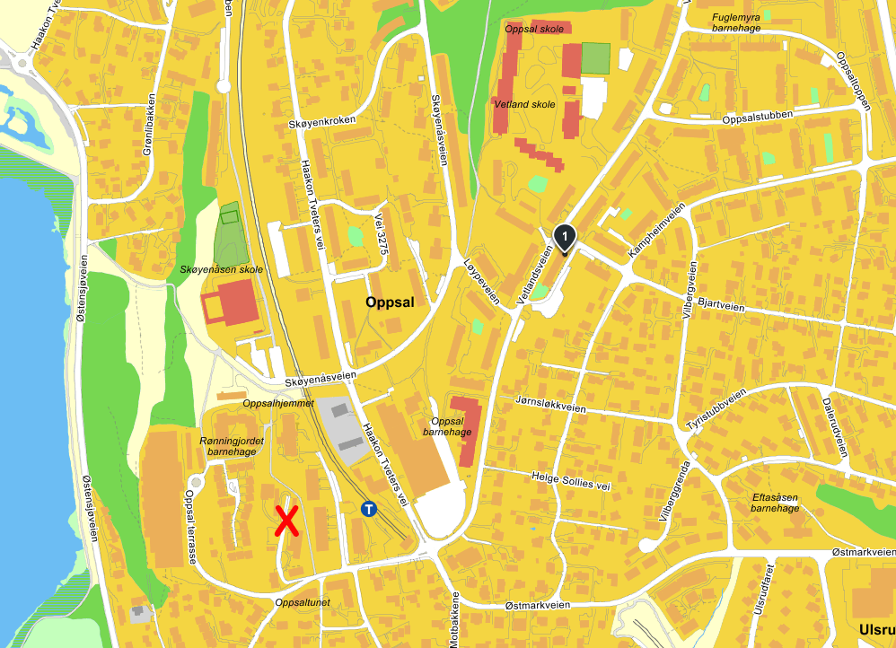 Kart over området ved Oppsalveien 20 (fra Gule Sider)